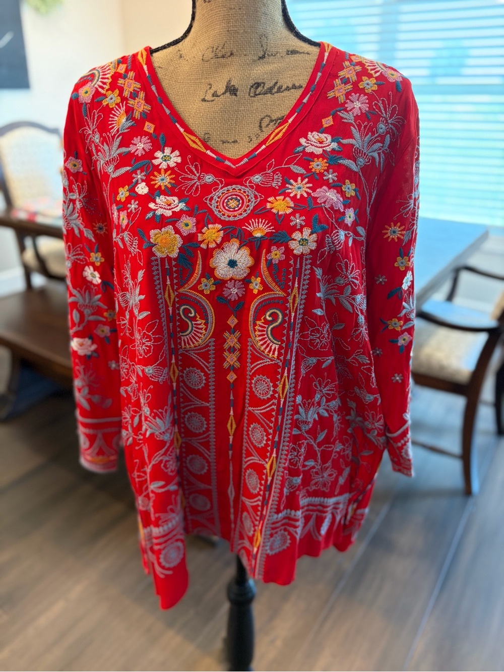 John Mark Red Embroidered V-Neck Tunic with Multicolor Floral Motif